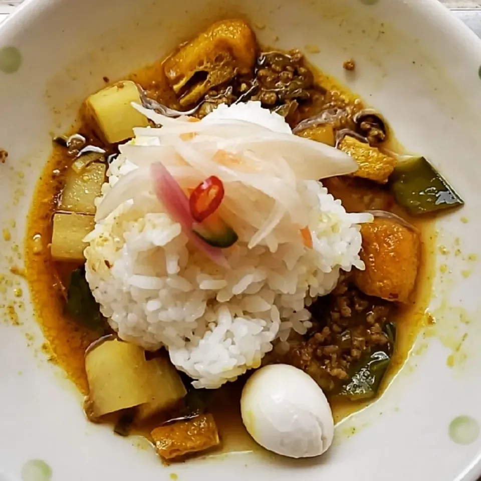 大根とうすあげとキヌサヤが入った牛豚キーマカレーです。|ふじわらたくやさん