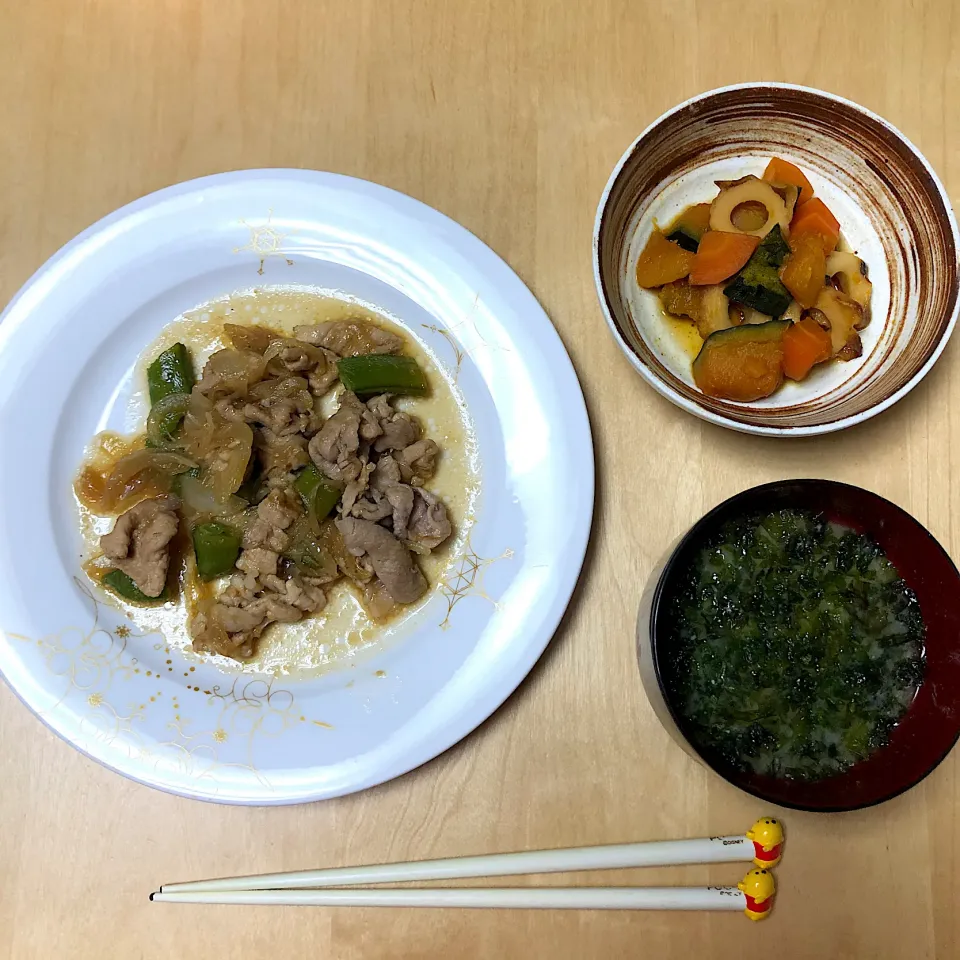 豚肉とスナップえんどうの和風おろし、かぼちゃの含め煮、磯のり汁|Rioさん