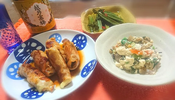 ちくわチーズの豚肉巻き
 オクラの甘酢漬け

 昨日の筑前煮から〜の
    白和え❇️|びせんさん