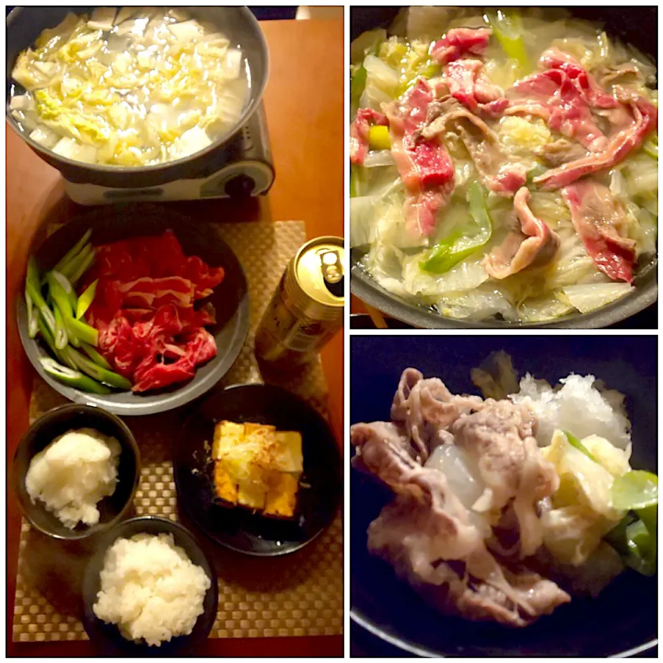 Today's Dinner🍴 焼き厚揚げ･大根おろしdeﾎﾟﾝ酢or胡麻ﾀﾞﾚお好きに牛しゃぶx2鍋･白飯|🌈Ami🍻さん