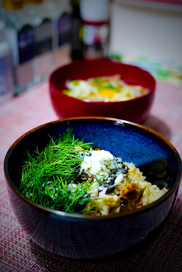 休日の朝ごはん。海苔のツクマヨ塩サバディル乗せ筍ご飯❣️なんじゃそりゃ⁉️(´⊙ω⊙`)|イチロッタさん