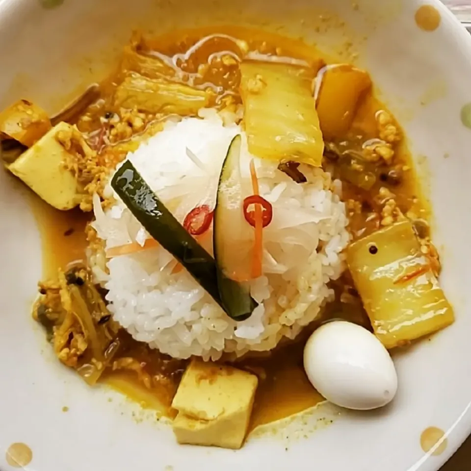 白菜と豆腐の鶏キーマカレーです。|ふじわらたくやさん