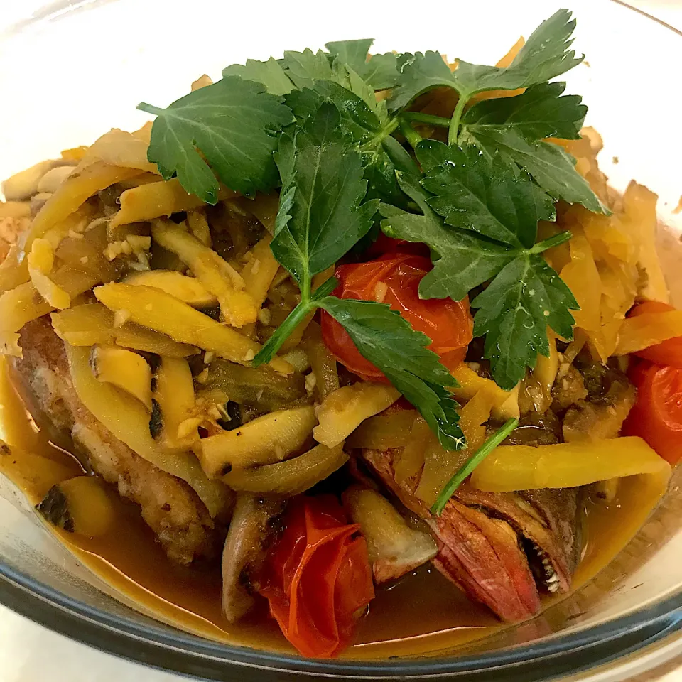 Red Snapper with salted mustard veg and Chinese mushrooms|mini by minitさん