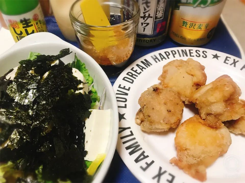 Snapdishの料理写真:今日の自粛家飲みは塩唐揚げとチョレギサラダ🍗🥗|gunlove❤さん