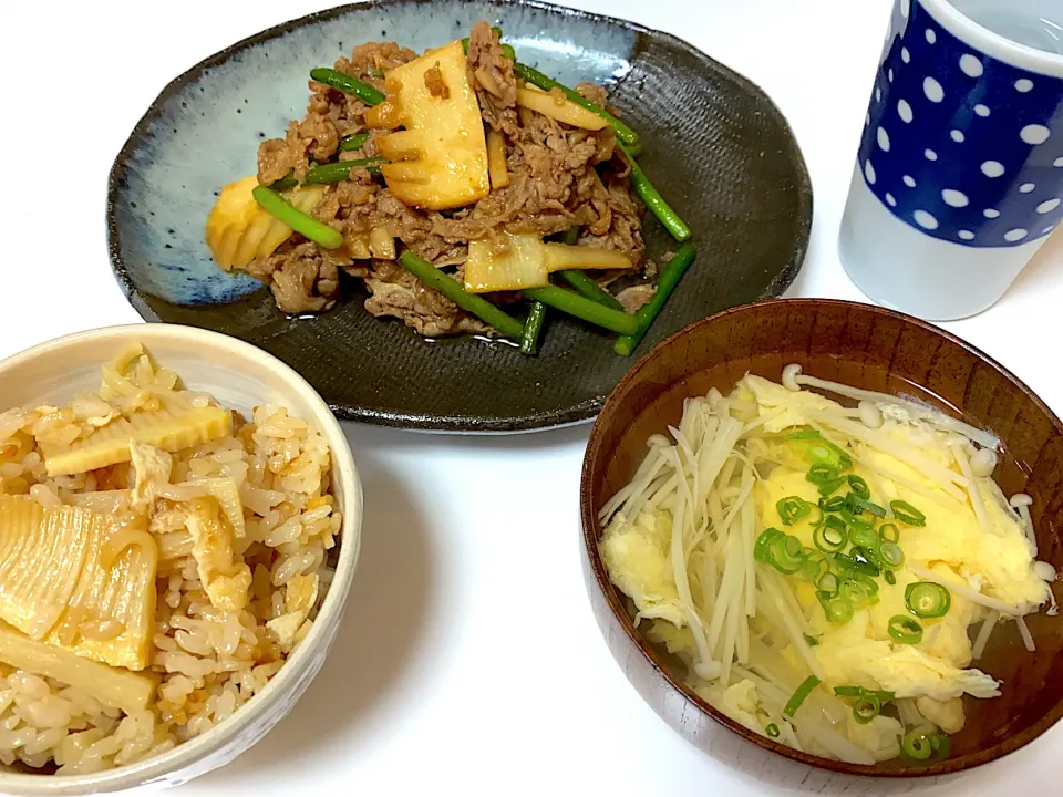 たけのこづくし　たけのこご飯　牛肉とたけのこのオイスター炒め　卵スープ|momococoさん