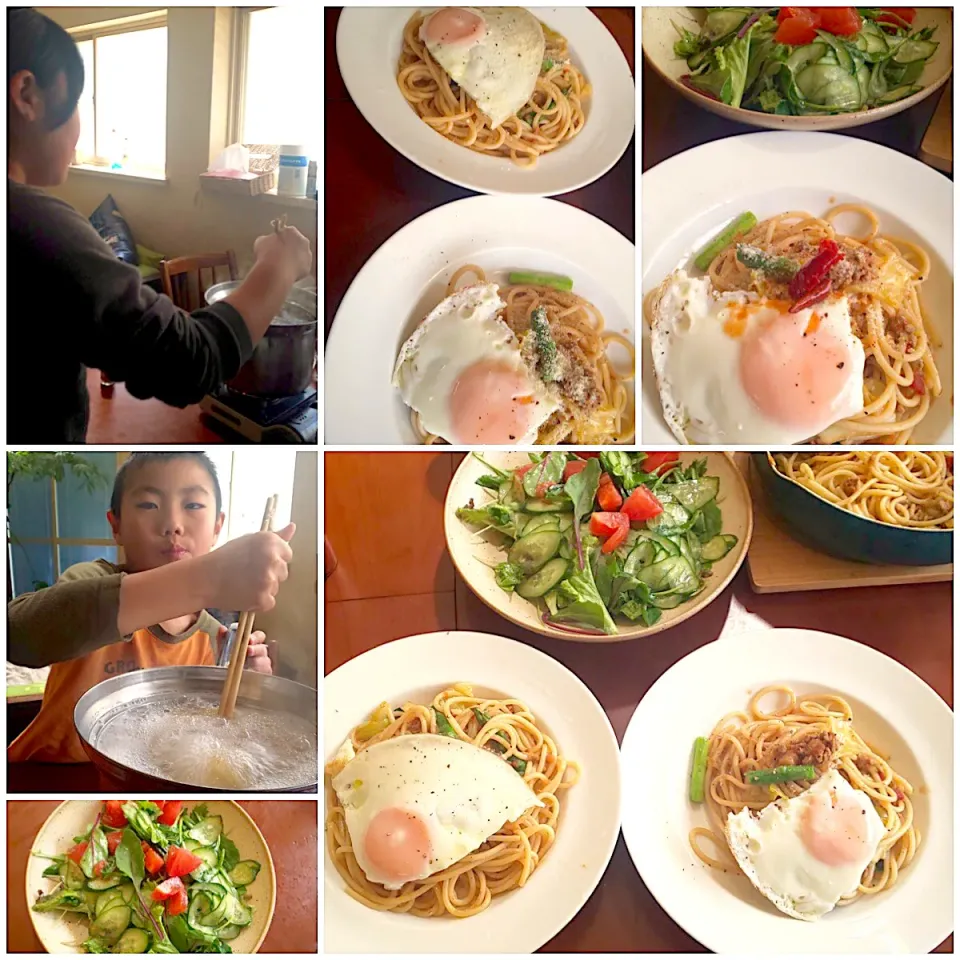 Snapdishの料理写真:Today's brunch🍴 さっぱりﾌﾚﾝﾁｻﾗﾀﾞ･焼き茄子とお野菜たっぷりﾄﾏﾄ肉味噌ひよこ豆入り太麺ﾊﾟｽﾀw/目玉焼き|🌈Ami🍻さん