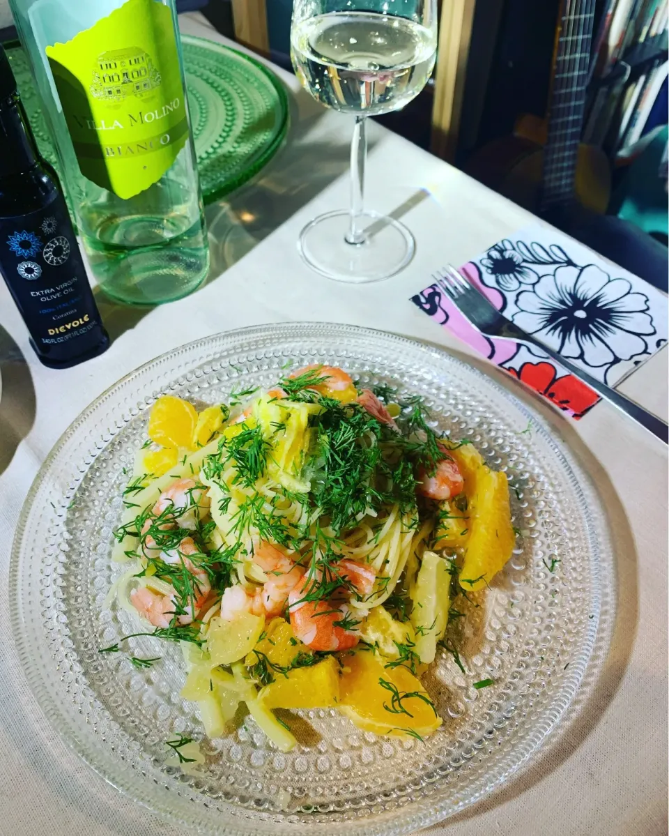 Fedelini alla asparagi bianchi e gamberi e citron 白アスパラガスと海老、柑橘の冷製フェデリーニ|KimaLABOさん