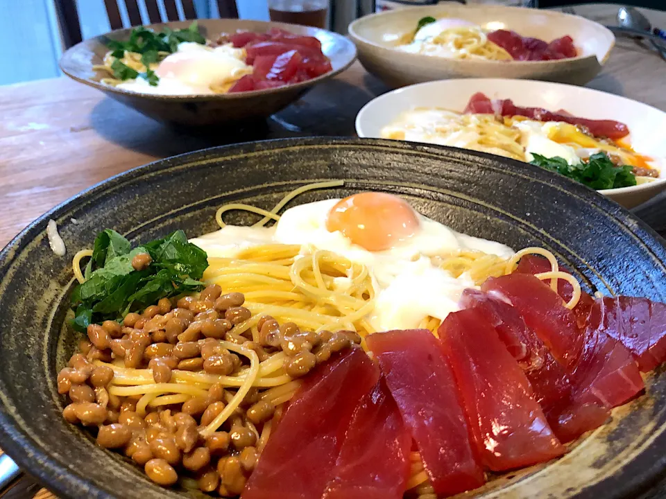 Snapdishの料理写真:マグロ ねばねばパスタ|パパのつくりおき弁当（つく弁）さん