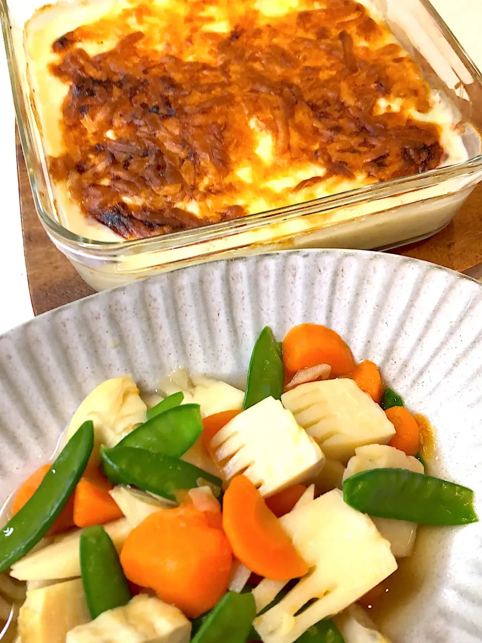 春だねの煮物と蟹とわけぎのスパゲティグラタン|ひまさくさん