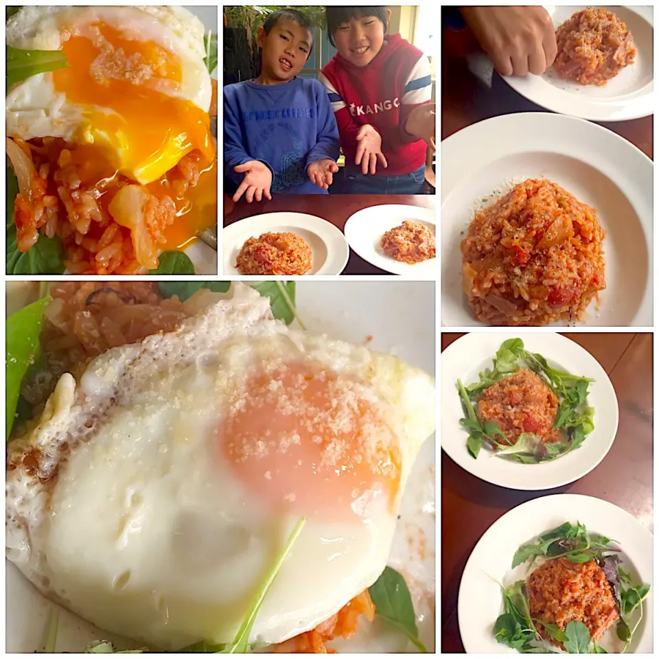 Today's brunch🍴kids cooking🔥Risotto Al Pomodoro🍅ﾄﾏﾄのﾘｿﾞｯﾄw/目玉焼き|🌈Ami🍻さん