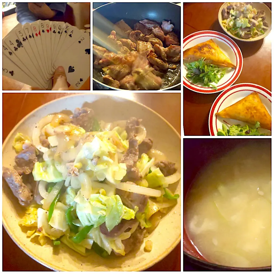 Today's dinner🍴ﾁｰｽﾞﾍﾞｰｺﾝﾎﾟﾃﾄ&ﾄﾏﾄ肉味噌ひよこ豆ﾌﾞﾘｯｸ･豚のはらみとお野菜炒め･白飯･大和芋の摺流しお豆腐のお味噌汁|🌈Ami🍻さん