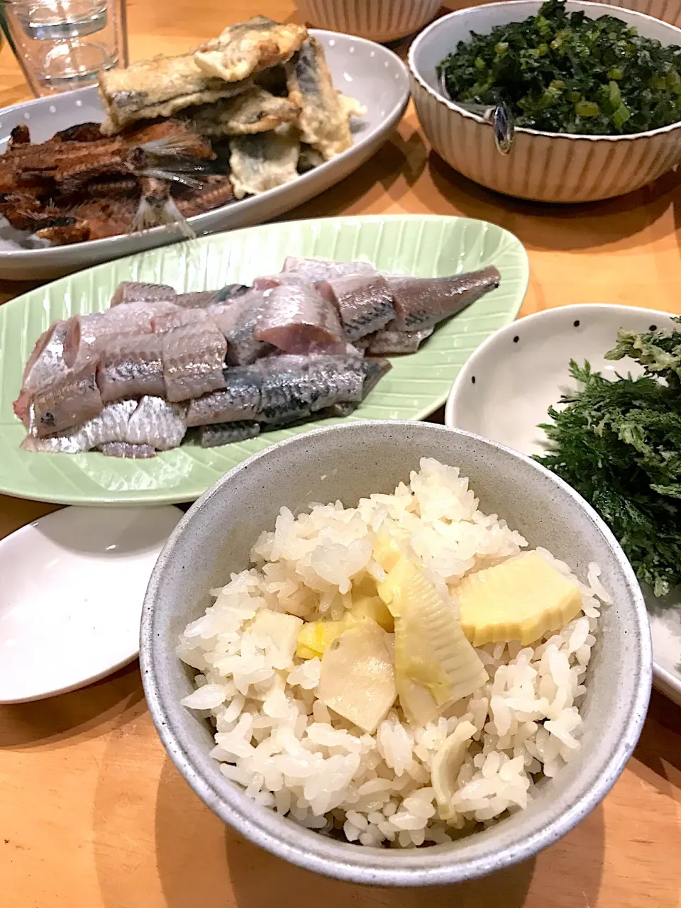 竹の子ご飯とイワシ刺身の献立|ふくながさん