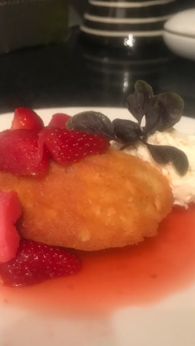 Snapdishの料理写真:Lemon Madeline with Strawberry Rhubarb Compote and a Orange Basil Mascarpone Creme|Christine pavelkaさん