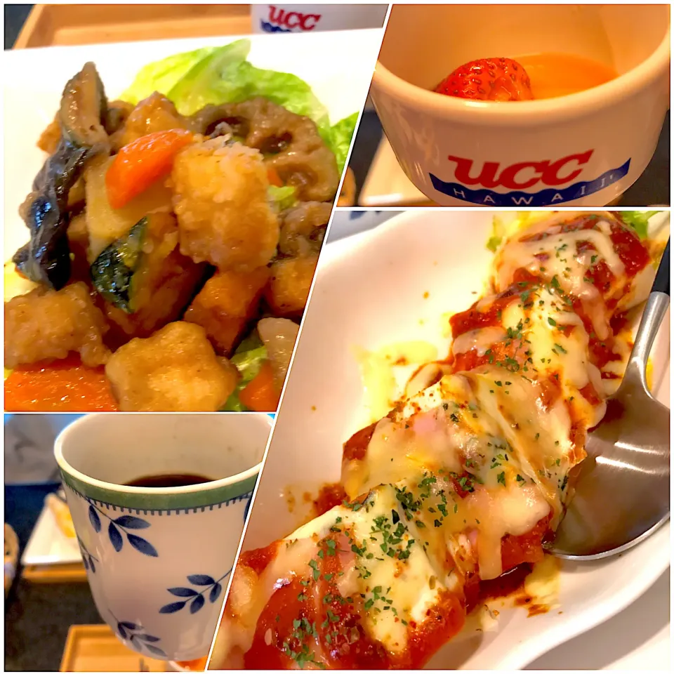 カジキマグロと野菜の津軽揚げと豆腐ステーキ風ピザグラタンといちご酢そしてコーヒー☕️|シュトママさん