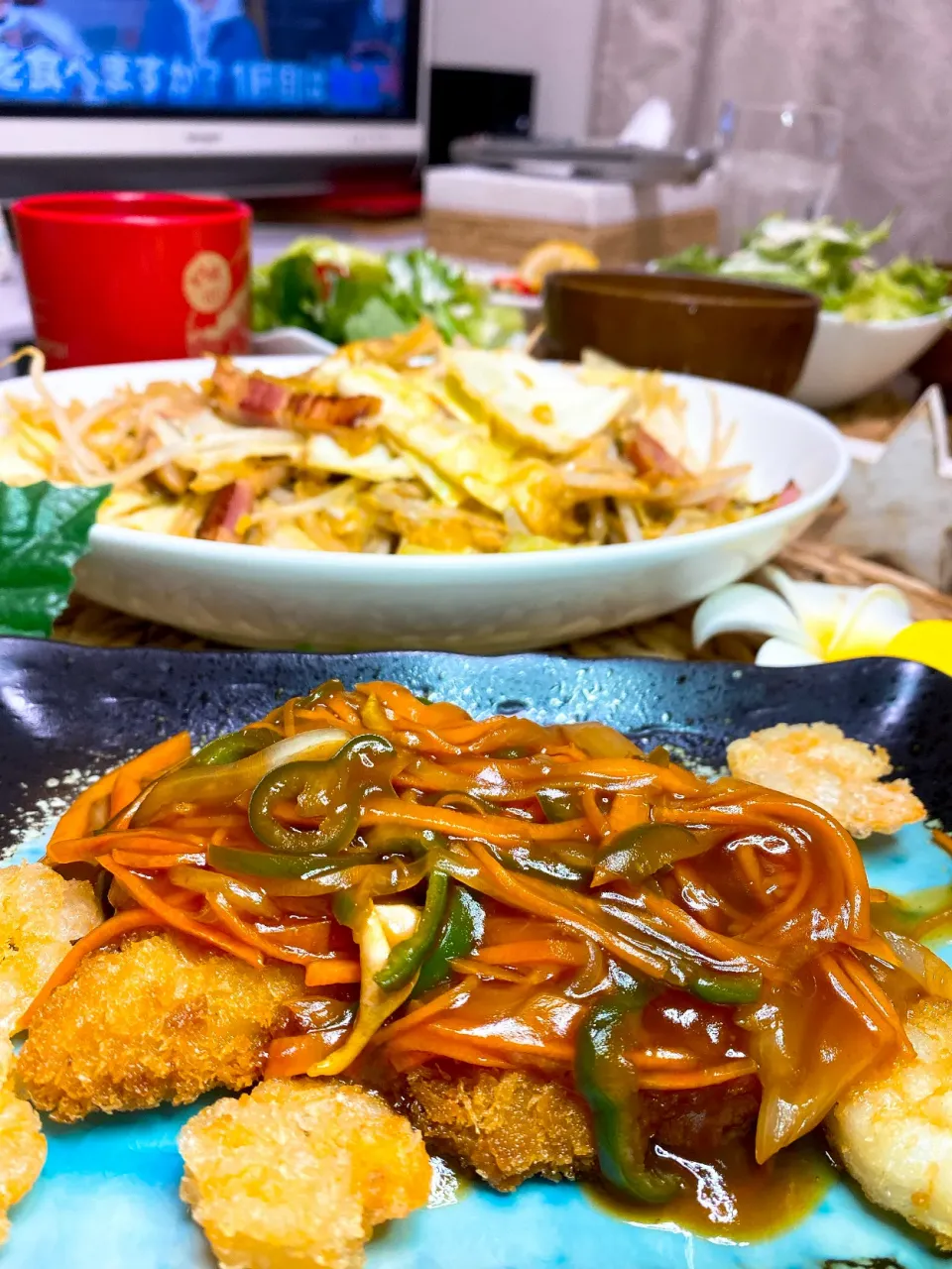 Snapdishの料理写真:#白身魚のフライの甘酢あんかけ#野菜チャンプルー#味噌汁#シーザーサラダ|まいちんさん