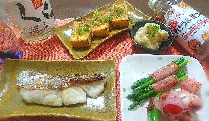 アスパラ・スナップえんどう・トマト・
うづら卵  ベーコン巻き

  焼き厚揚げ
  鯛塩焼き🐟
  筍の木の芽和え|びせんさん