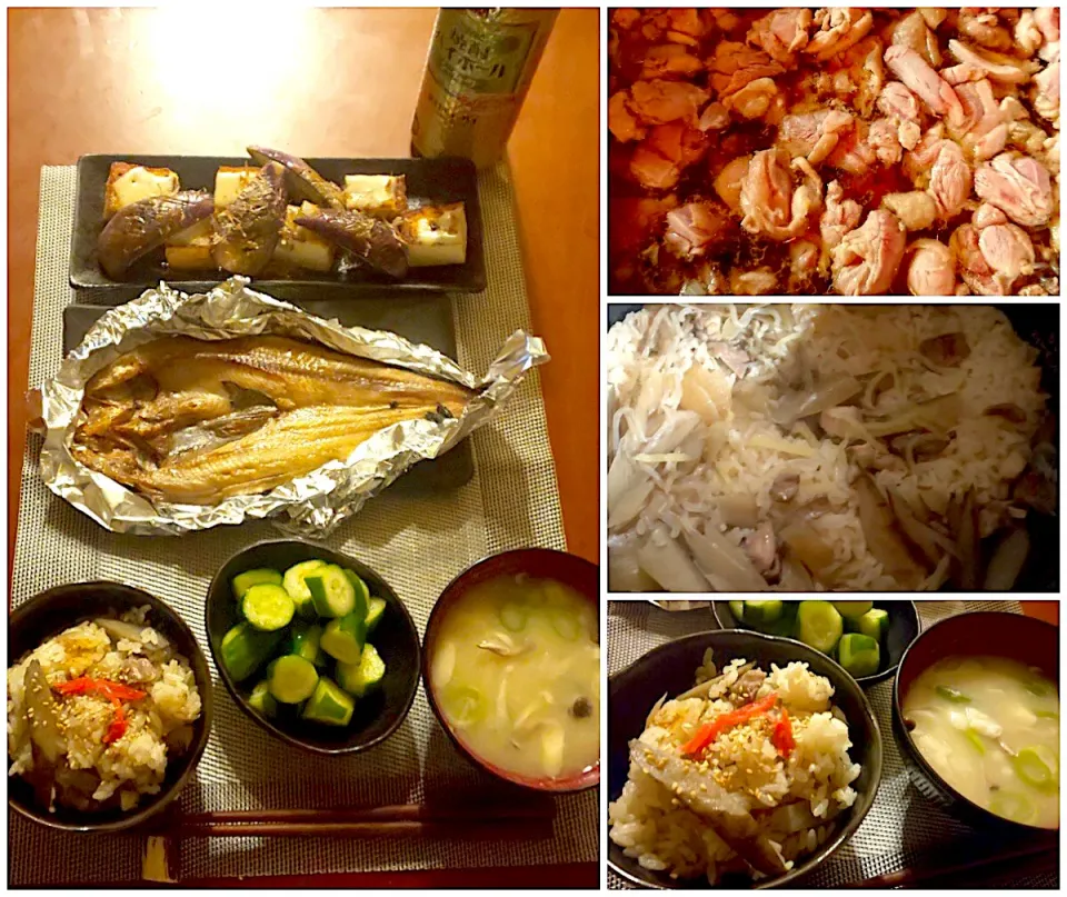 Today's dinner🍴 焼きﾁｰｽﾞ厚揚げ&茄子･胡瓜の浅漬け･鶏すき牛蒡の炊き込みご飯･ﾎｯｹ焼き･しめじと大和芋の摺流しお味噌汁|🌈Ami🍻さん