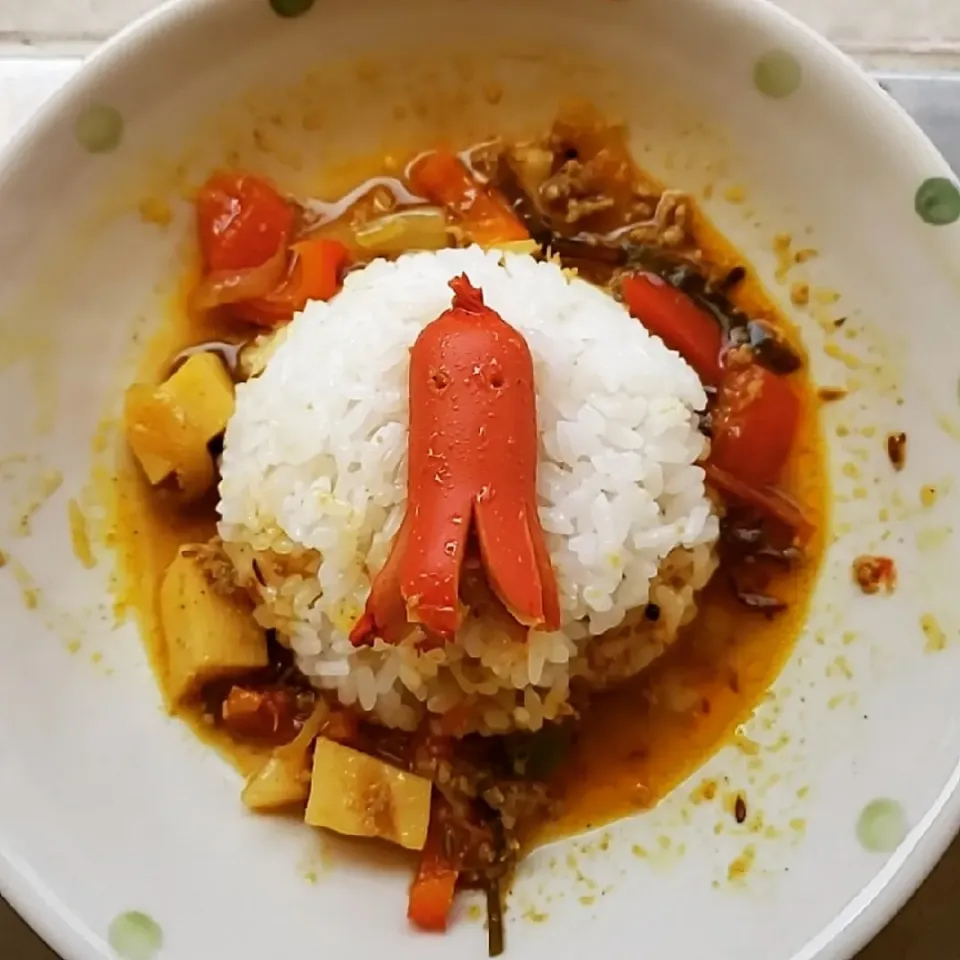 タケノコと赤パプリカの牛豚キーマカレーです。|ふじわらたくやさん