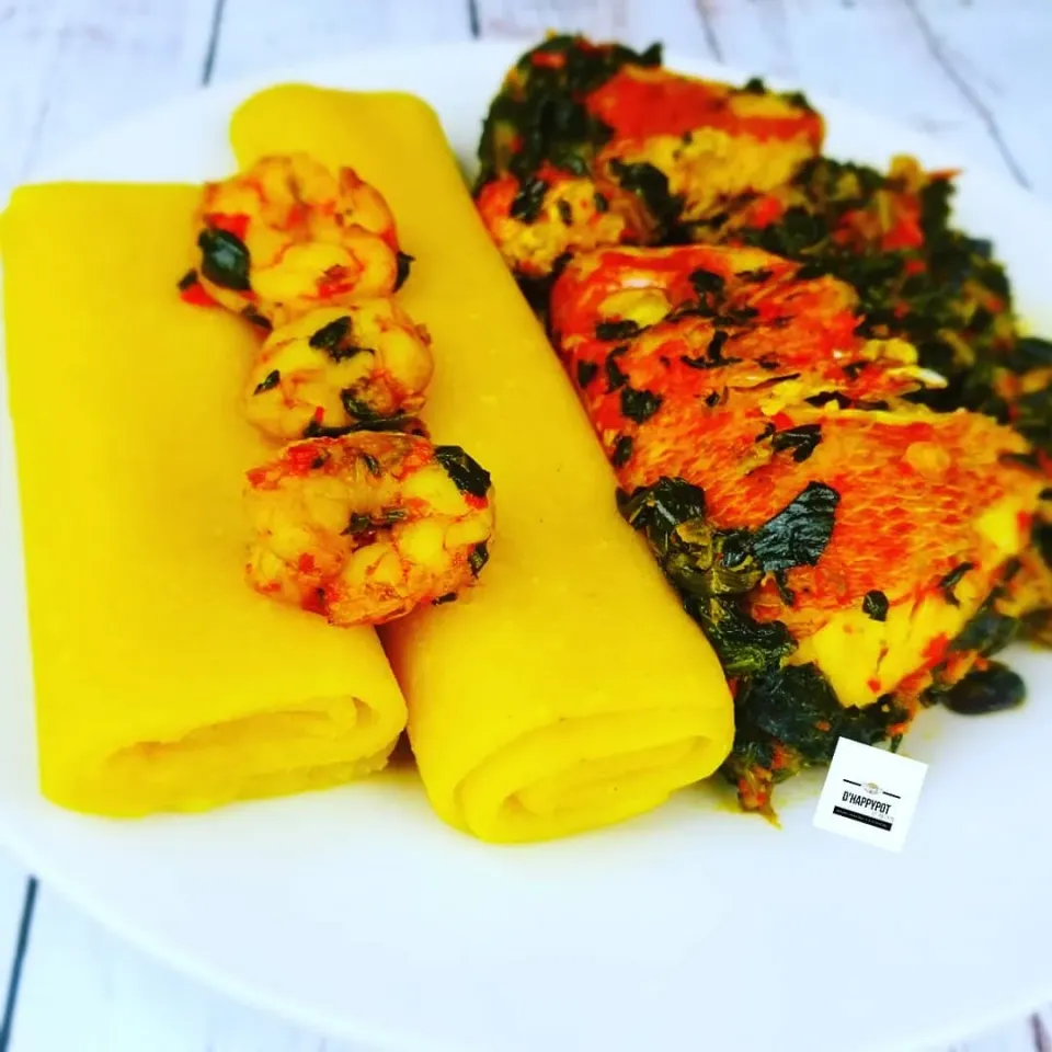 Seafood Efo Riro (spinach stew) and yellow Eba|Katrynさん