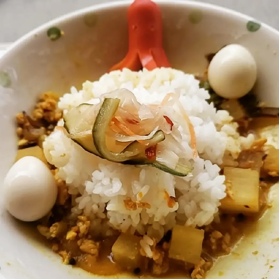 大根と白菜の鶏キーマカレーinタコさんウインナー🐙です。|ふじわらたくやさん