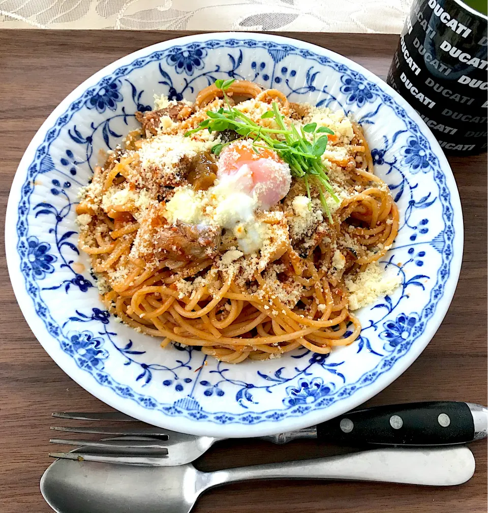 鯖とたけのことキノコのアンチョビトマトソースパスタ|ももさん