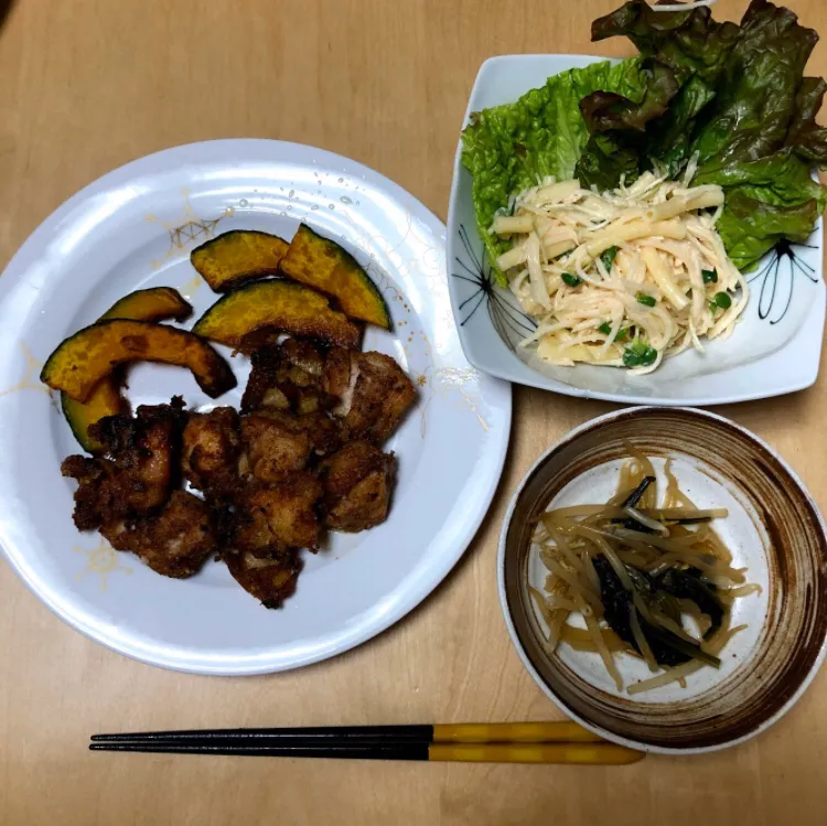 鶏肉の唐揚げ、明太マカロニサラダ、ほうれん草ともやしの煮浸し|Rioさん