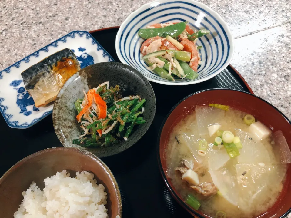 Snapdishの料理写真:4/18 夕飯 鯖缶の味噌汁 塩サバ焼き 温野菜サラダ ほうれん草のおひたしカニカマ合え|kittykittyさん