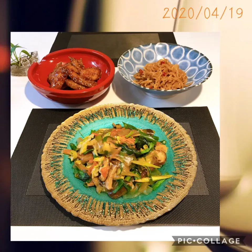 #今宵の晩ご飯#極太春雨と野菜たっぷりで豆板醤炒め#手羽先の甘辛#切り干し大根の煮物|みすてりあすゆっこさん