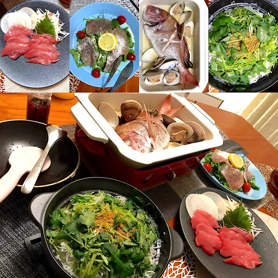 Snapdishの料理写真:チダイとハマグリの酒蒸し、しらすご飯、本マグロの刺身と生ハムのサラダの宴|なお🅿️さん