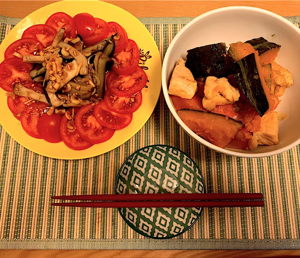 かぼちゃの煮物とトマトと焼き野菜のサラダ|tsumaminaさん