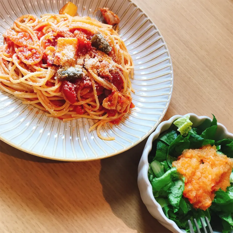 Snapdishの料理写真:彩野菜のトマトパスタ🍅|まるのひとの母ちゃん。さん