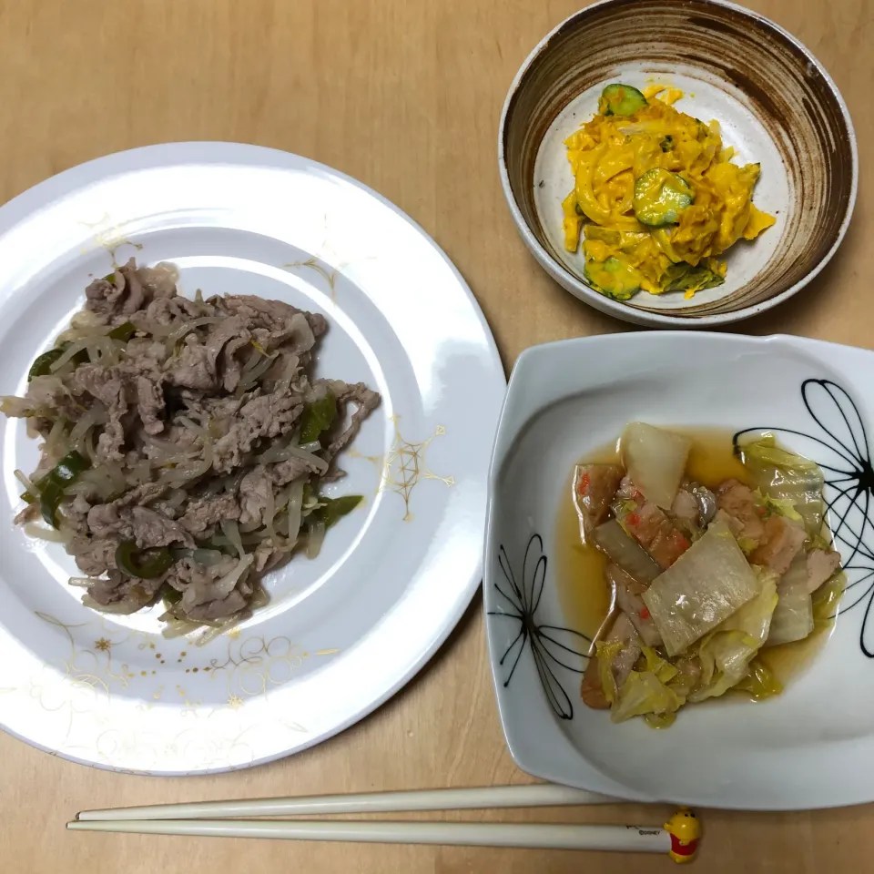 豚肉のオニオンソース、パンプキンサラダ、さっと煮|Rioさん