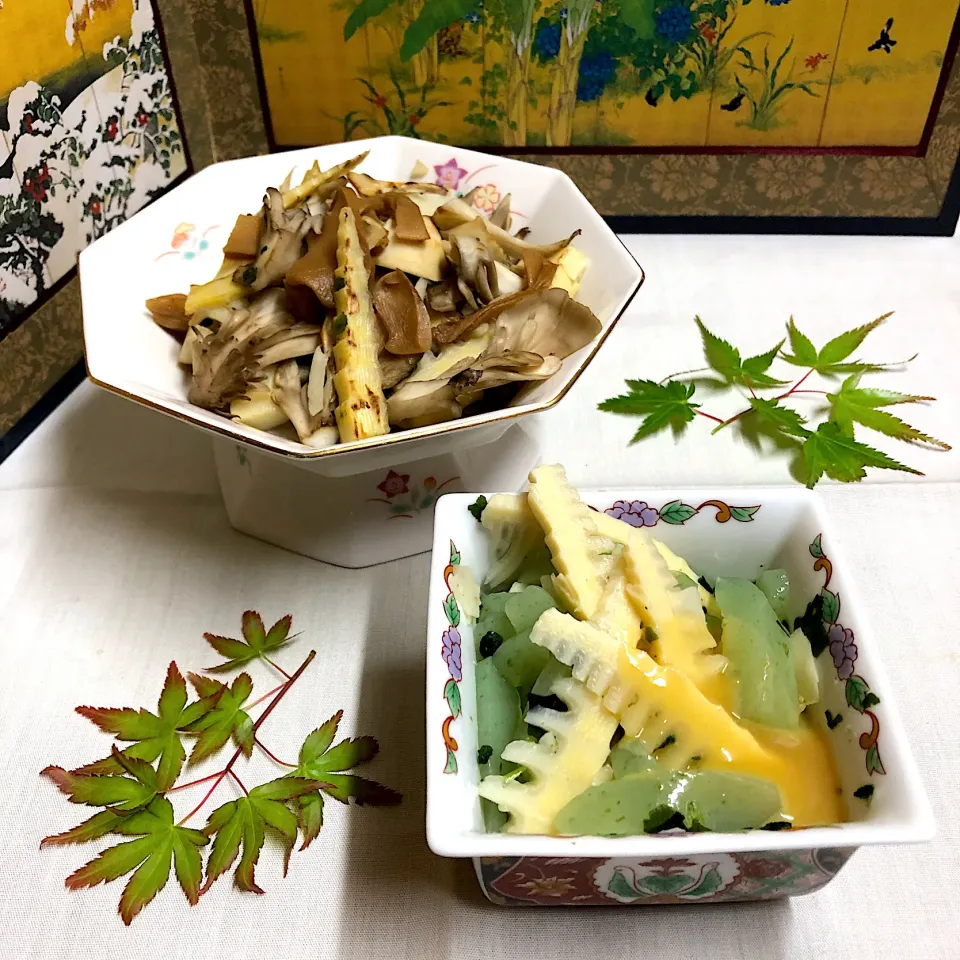 Snapdishの料理写真:筍刺身蒟蒻辛子酢味噌和え＊筍メンマ和え🎍|henryさん