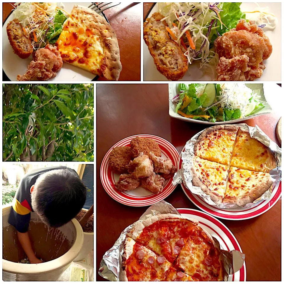 Sanday  brunch🍴ｻﾗﾀﾞ･唐揚げ&ﾏｽﾀｰﾄﾞﾒﾝﾁｶﾂ･Pizza2種<ｸﾜﾄﾛﾁｰｽﾞ&ｿｰｾｰｼﾞ>|🌈Ami🍻さん