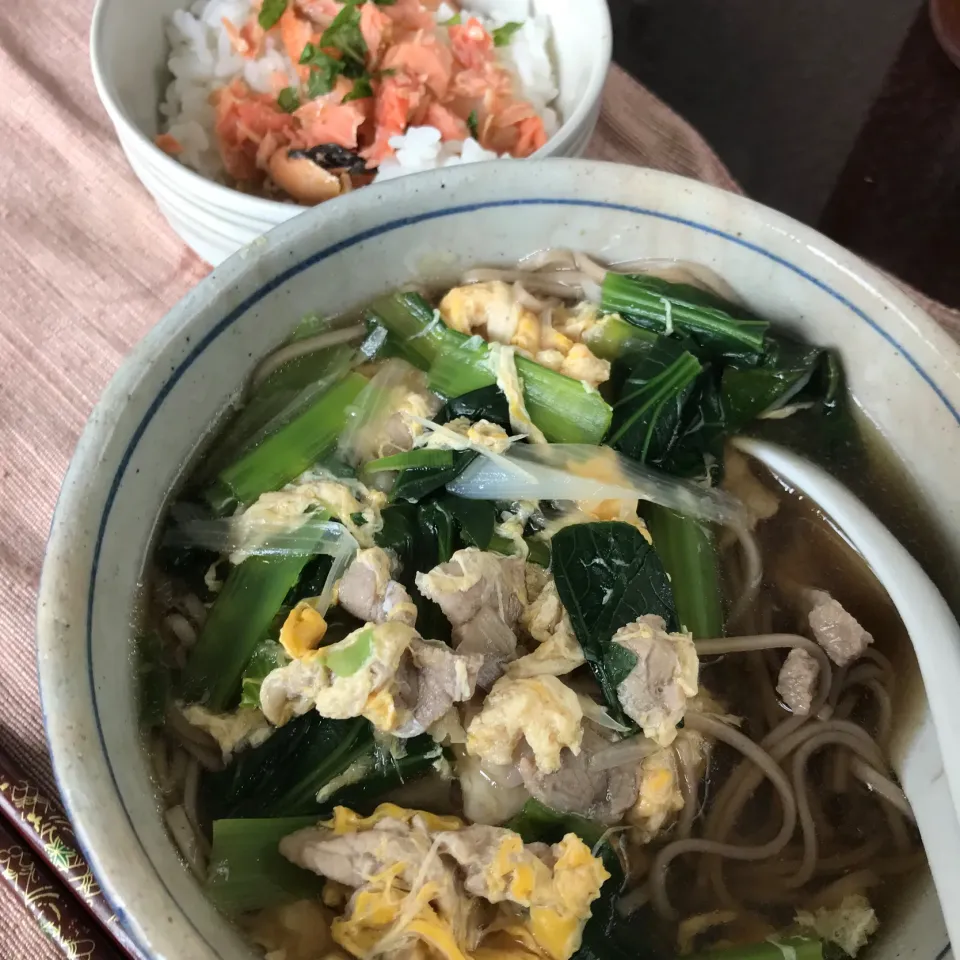 肉とじ蕎麦と鮭ごはん|純さん