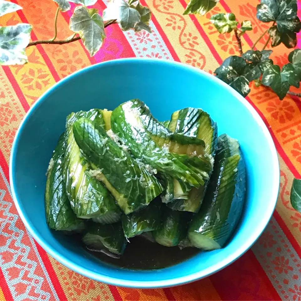 🥒今日は簡単な胡瓜の漬物🥒梅醤油と砂糖、酢に山椒と生姜を加えた漬け汁に蛇腹胡瓜をドボン💦と漬けるだけ🥒でも　止まらなくなる旨さ😋|Hollyさん