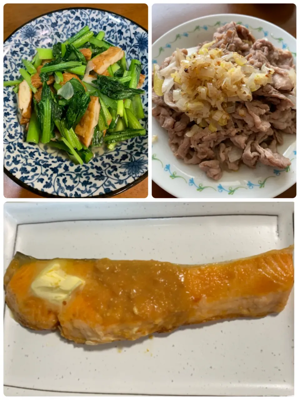 Snapdishの料理写真:小松菜とさつま揚げの炒め物、豚肉のネギ塩焼き、生鮭の味噌バター焼きです。|レモンさん