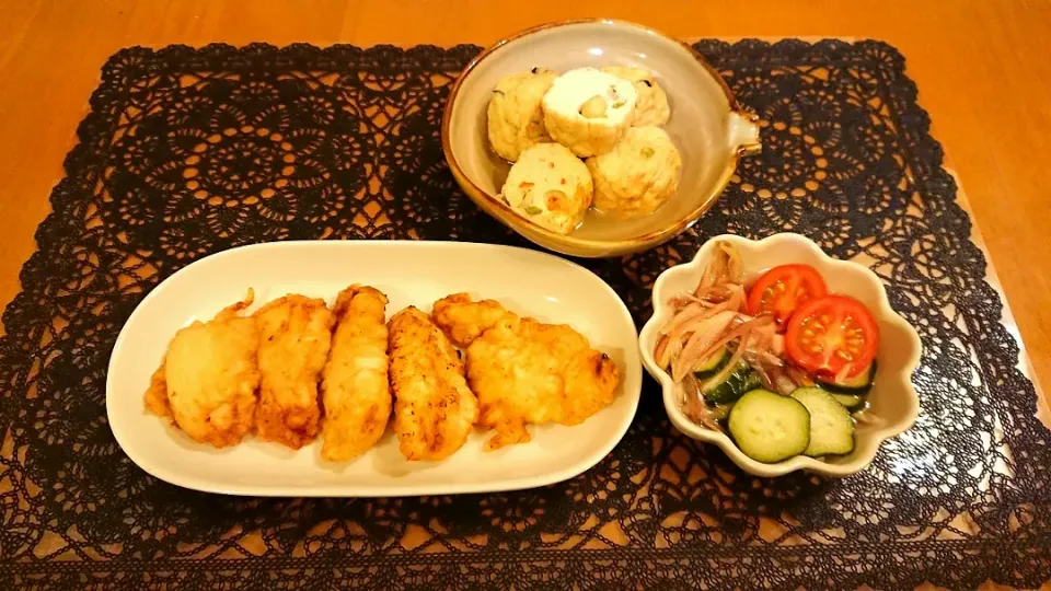 Snapdishの料理写真:☆とり天
☆銀杏ひろうすの煮物
☆ミョウガ  キュウリ  ミニトマトの甘酢漬け|chikakoさん