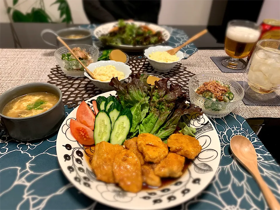 鶏胸肉でチキン南蛮、中華スープ😊自家製タルタルたっぷりで食べすぎた。|ゆかさん