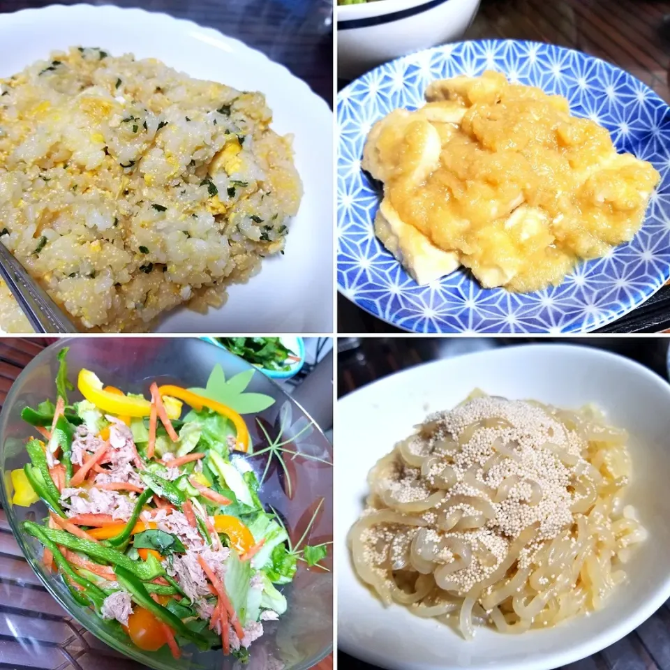 昼夜ごはん🍚🍴たらこ炒飯にたらこしらたき和え&鶏肉のみぞれ和えとサラダ🥗|dai.noriさん