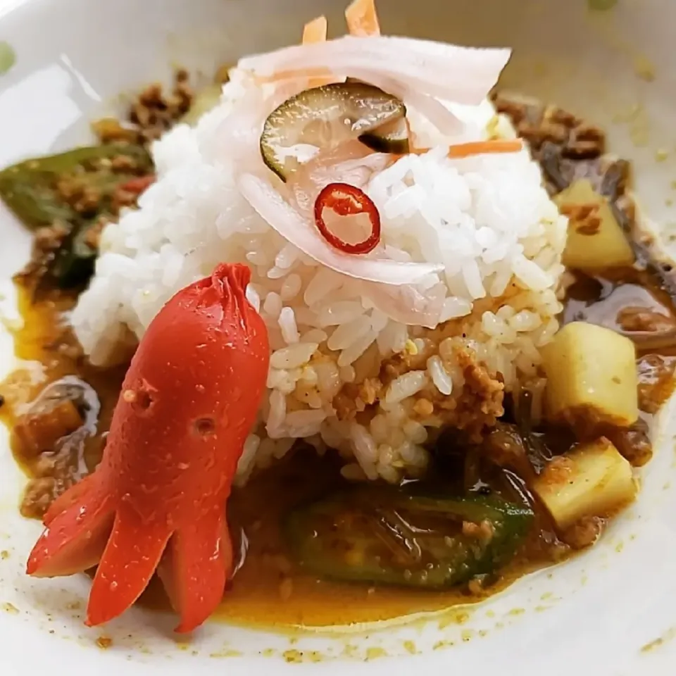 オクラと大根の牛豚キーマカレーです。|ふじわらたくやさん