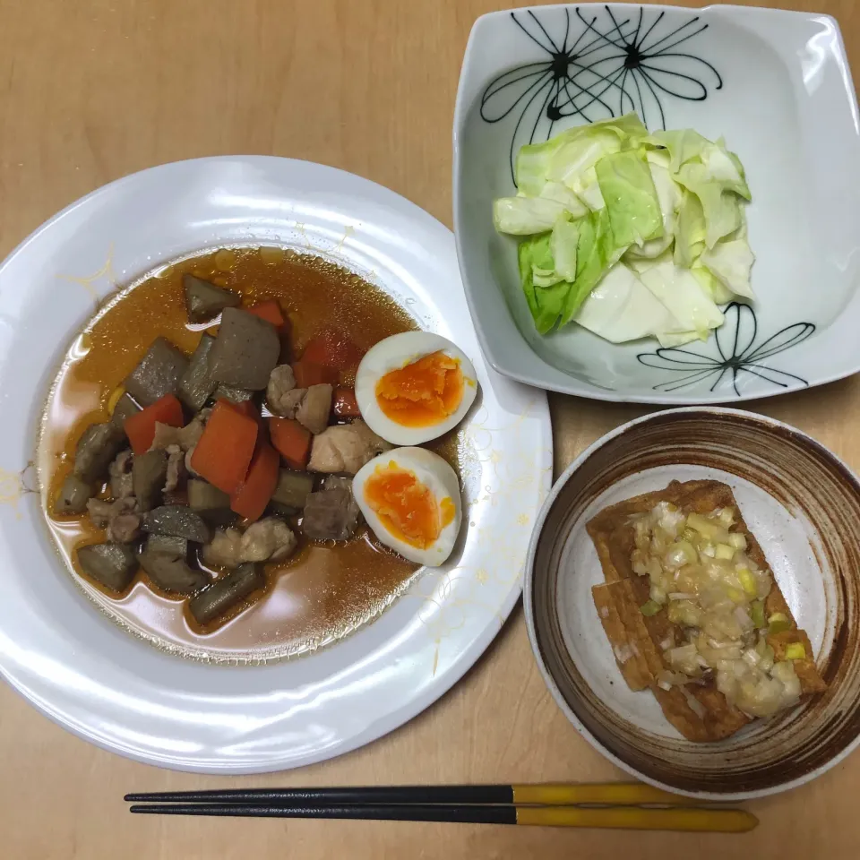 鳥とごぼうの照り煮、生揚げの葱みそ焼き、浅漬け|Rioさん