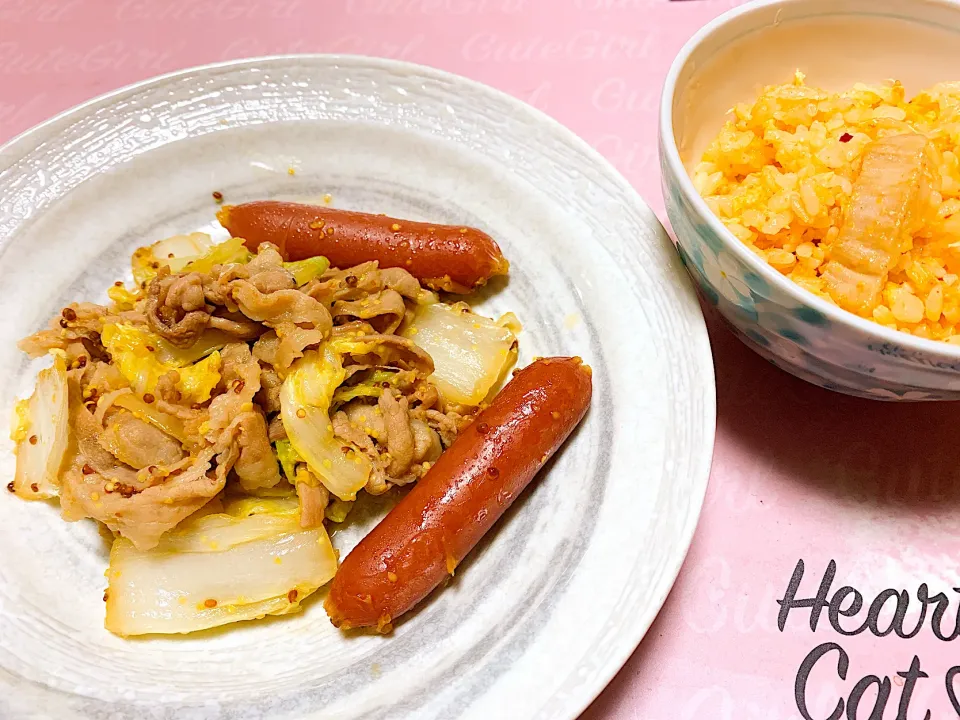 豚肉と白菜のマスタード炒めとホルモン炒飯🌼|くろねこっく🐈‍⬛さん