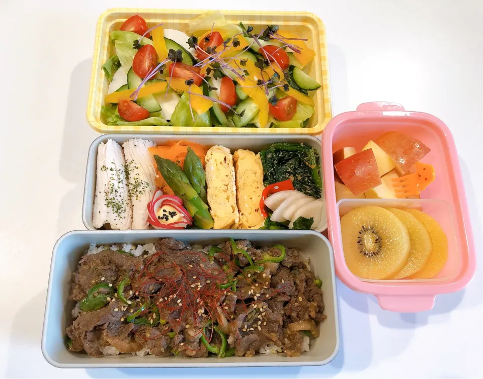 旦那さんへのお弁当＊プルコギ丼/蒸し鶏/にんじんラペ/アスパラ/だし巻き卵/ほうれん草の胡麻和え/カブの浅漬け/サラダ／フルーツ＊|yuriさん