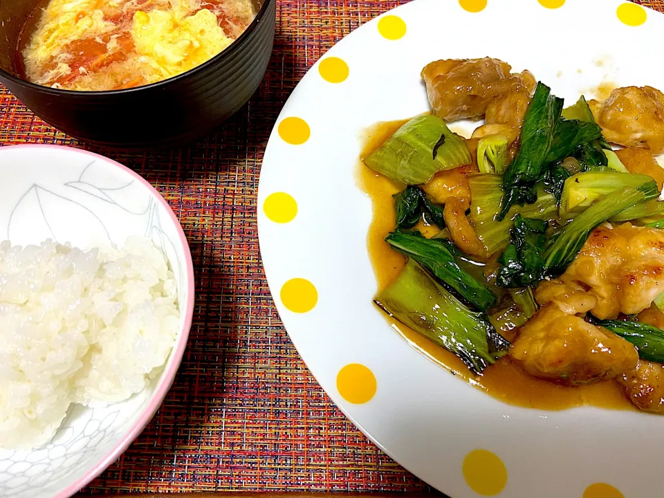 鶏肉とチンゲンサイの中華炒め、卵とトマトのスープ|ゆうさん