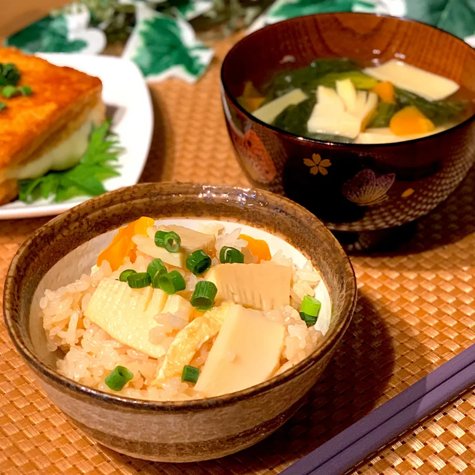 筍ご飯＆姫皮とちぢみほうれん草のお味噌汁|あゆさん