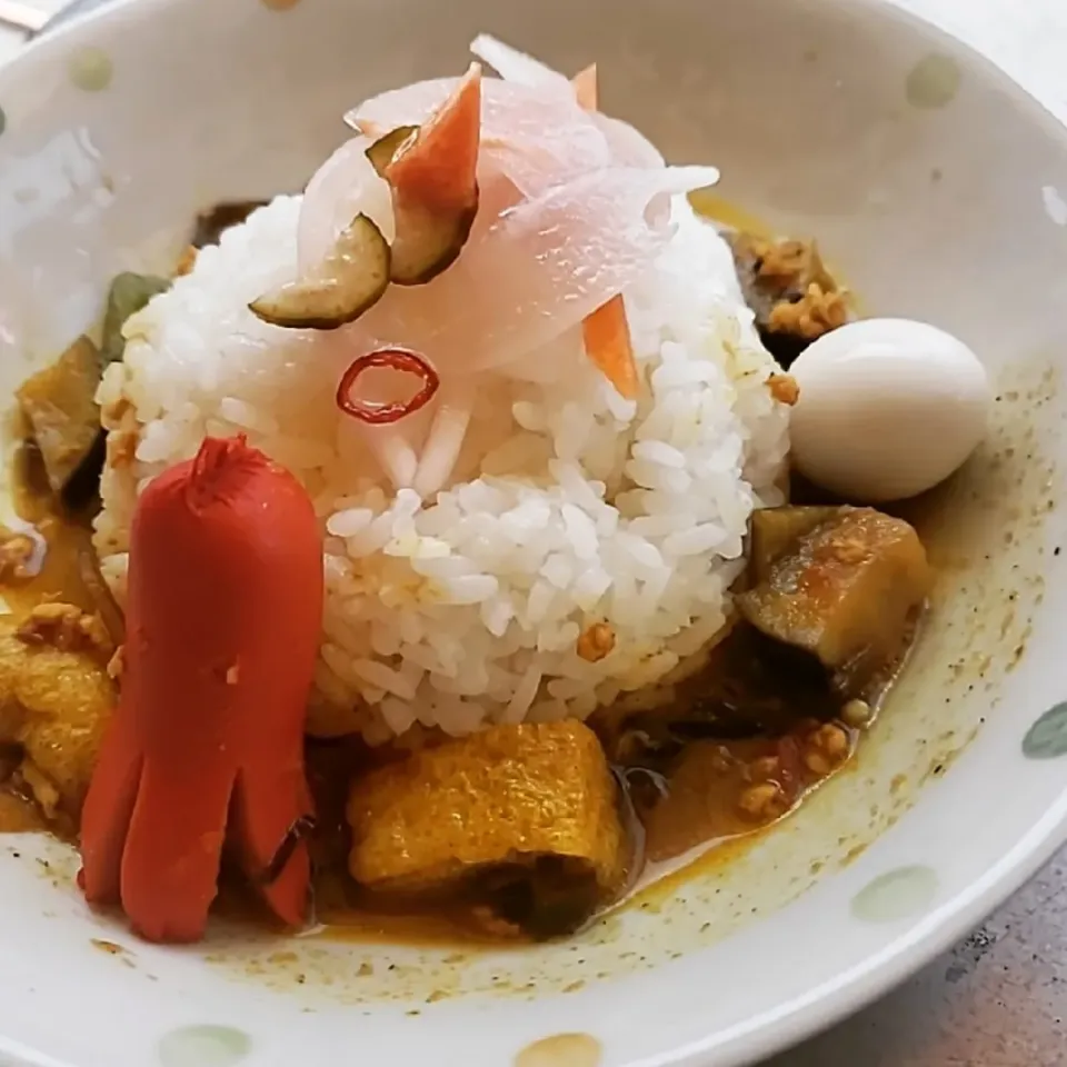 Snapdishの料理写真:ナスとうすあげの鶏キーマカレーです。|ふじわらたくやさん