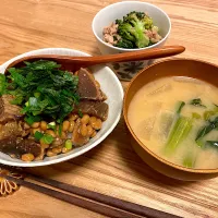 Snapdishの料理写真:かつおのたたき&納豆漬け丼 タンパク質もりもりメニュー|yunさん