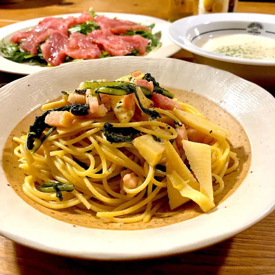 筍と春菊のペペロンチーノ🍝|sato*さん