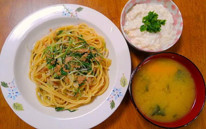 ４月５日　水菜とツナのパスタ　淡雪湯葉　かぼちゃのお味噌汁|いもこ。さん